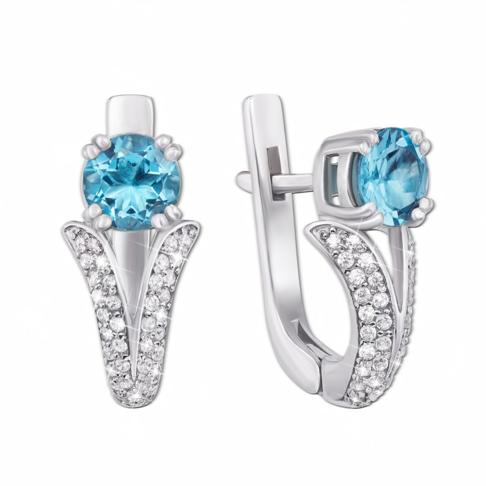 Серебряные серьги с голубым кварцем и фианитами. Артикул 2237/9р