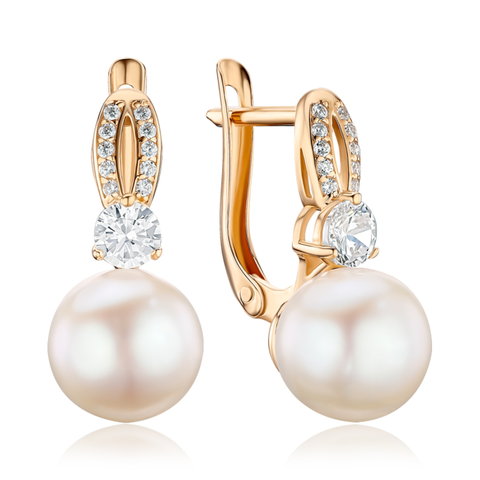 Золоті сережки з перлами та фіанітами. Артикул 22414/01/0/3196