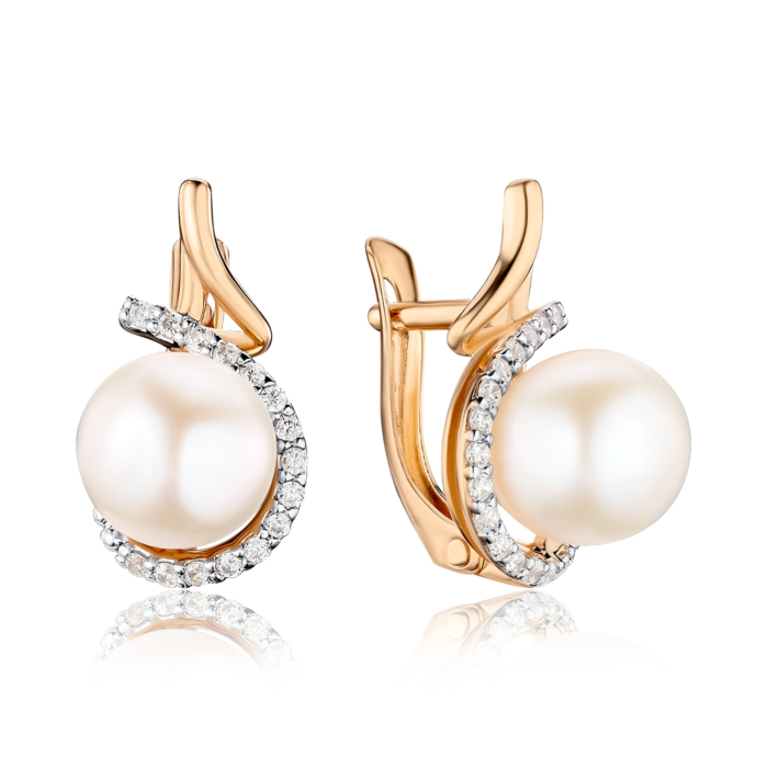 Золоті сережки з перлами та фіанітами. Артикул 22465/01/1/2010