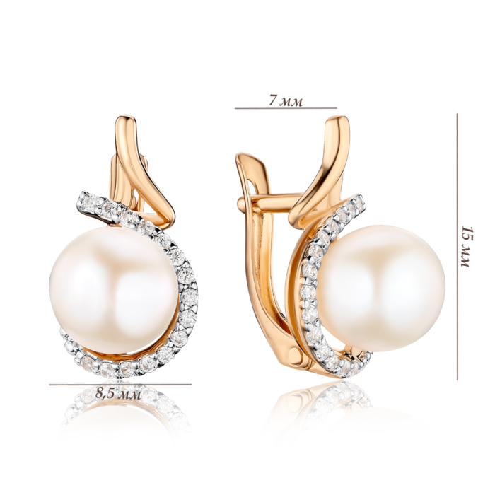 Золоті сережки з перлами та фіанітами. Артикул 22465/01/1/2010