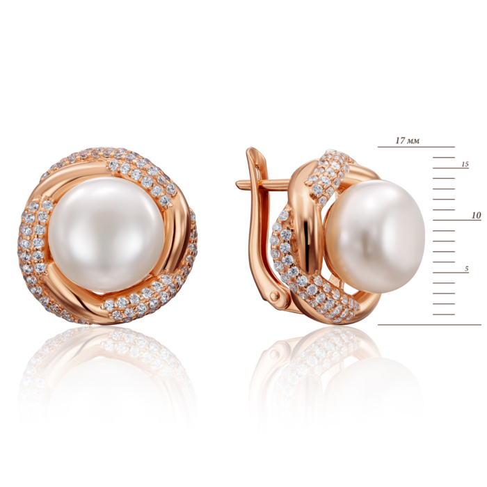 Золотые серьги с жемчугом и фианитами. Артикул 22702/01/0/2319