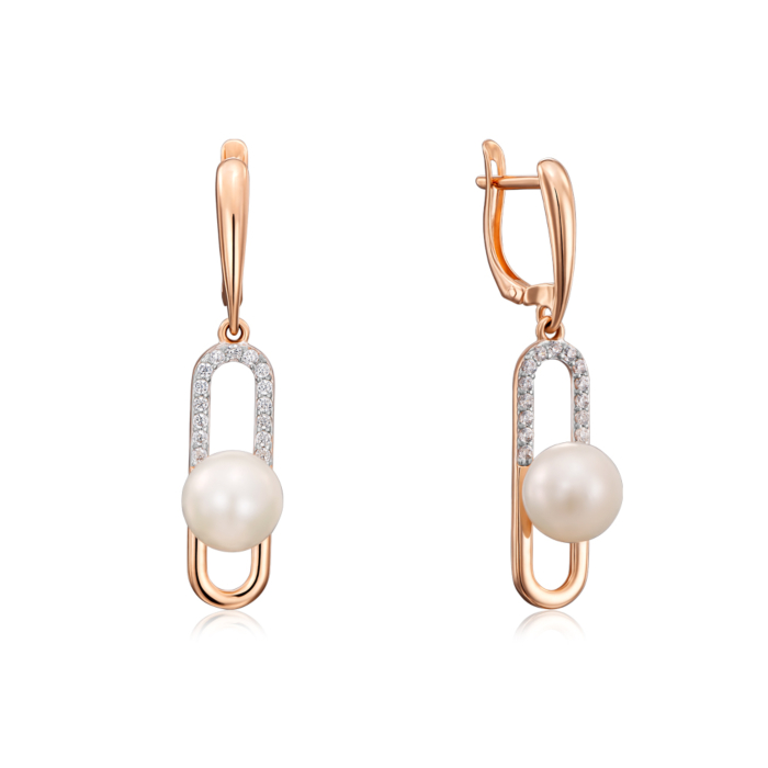Золоті сережки-підвіски з перлами і фіанітами. Артикул 22715/01/1/1710