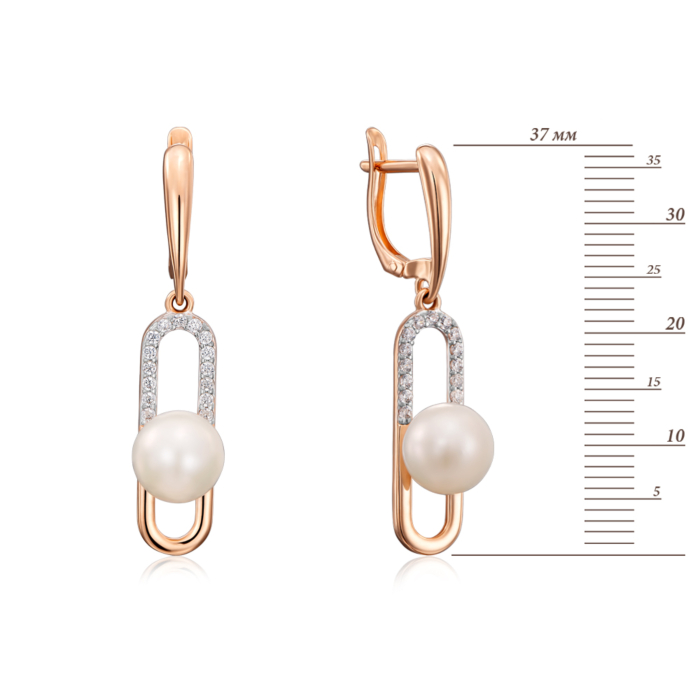 Золоті сережки-підвіски з перлами і фіанітами. Артикул 22715/01/1/1710