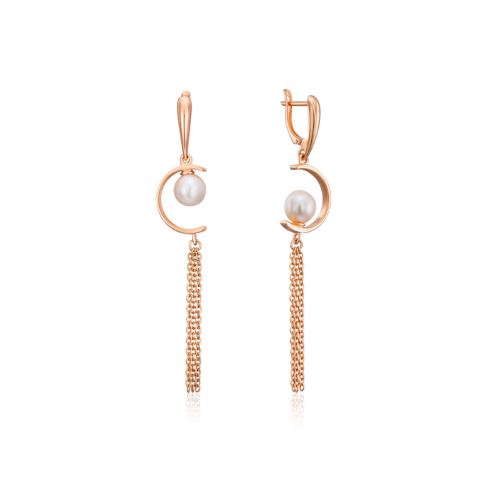 Золоті сережки-підвіски з перлами. Артикул 22727/01/0/2503