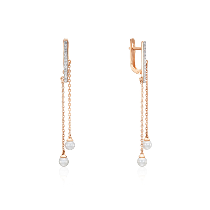 Золотые серьги-подвески с жемчугом и фианитами. Артикул 23529/01/1/1974