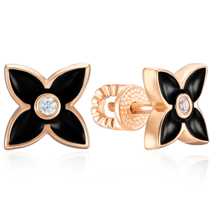 Золотые пуссеты с эмалью и фианитом. Артикул 23686/01/0/397