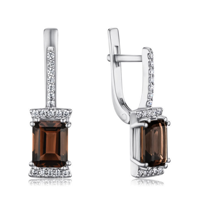 Серебряные серьги с раухтопазом и фианитами. Артикул 2376/1р-QSMK