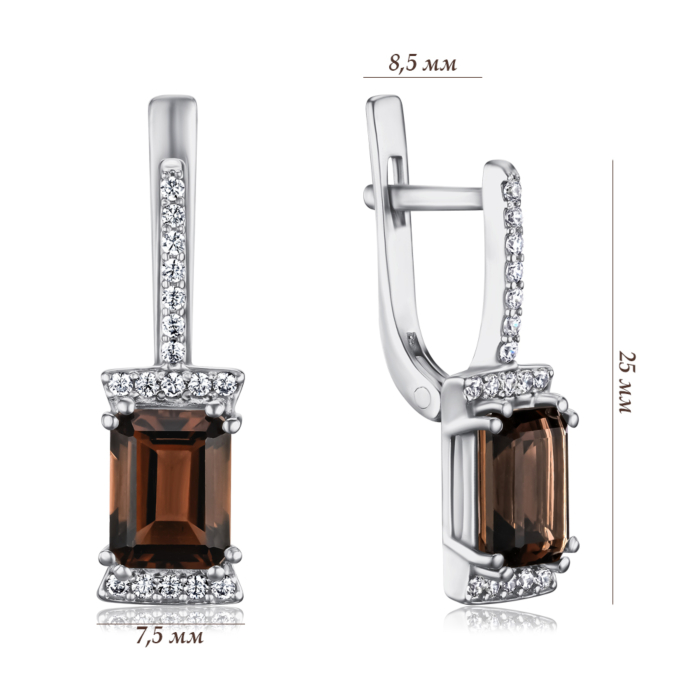 Серебряные серьги с раухтопазом и фианитами. Артикул 2376/1р-QSMK