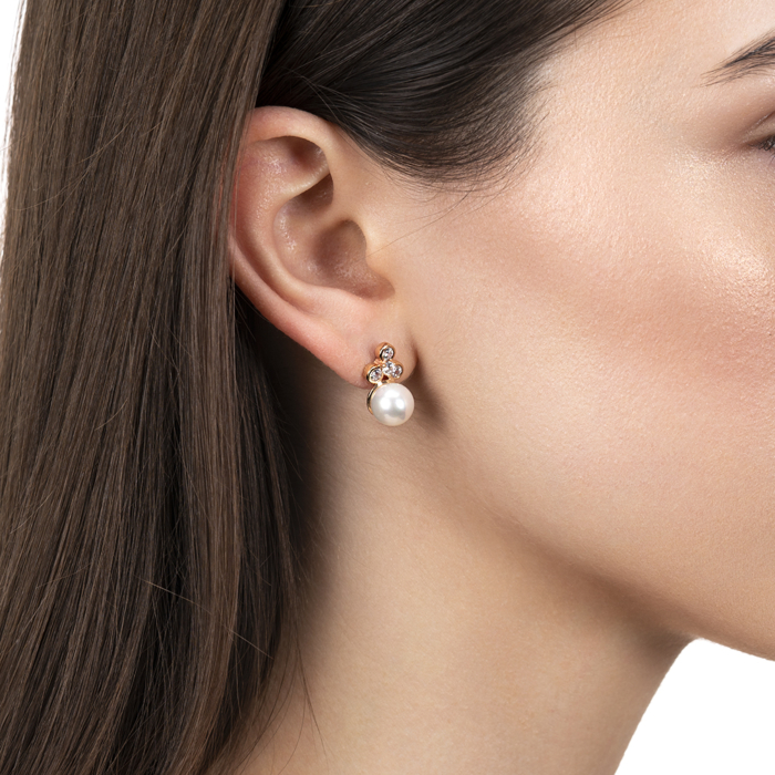 Золоті сережки з фіанітами та перлиною. Артикул 23777/01/0/21122