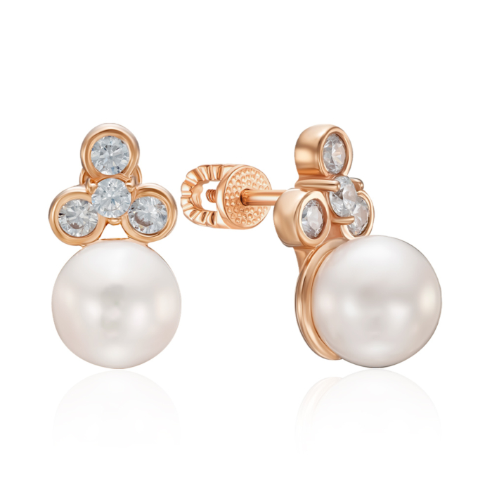 Золоті сережки з фіанітами та перлиною. Артикул 23777/01/0/21122