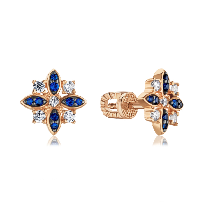 Золоті сережки з синіми та білими фіанітами 23806/08/1/21087