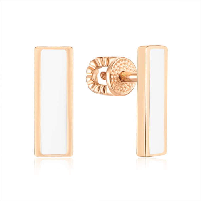 Золоті сережки-пусети з білою емаллю 23958/01/0/483