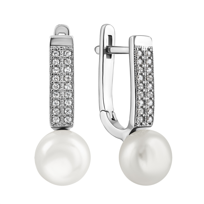 Срібні сережки з перлами і фіанітами. Артикул UG52435/1р-PWT