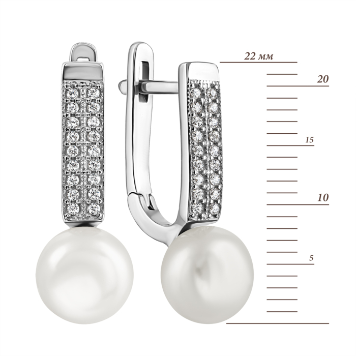 Срібні сережки з перлами і фіанітами. Артикул UG52435/1р-PWT