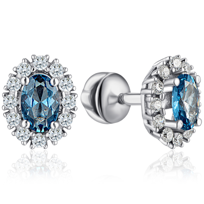 Серебряные пуссеты с кварцем London и фианитами. Артикул 2438/9р-QLB