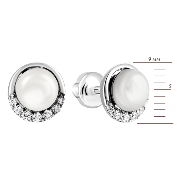 Серебряные пуссеты с жемчугом и фианитами. Артикул UG52445/1р-PWT