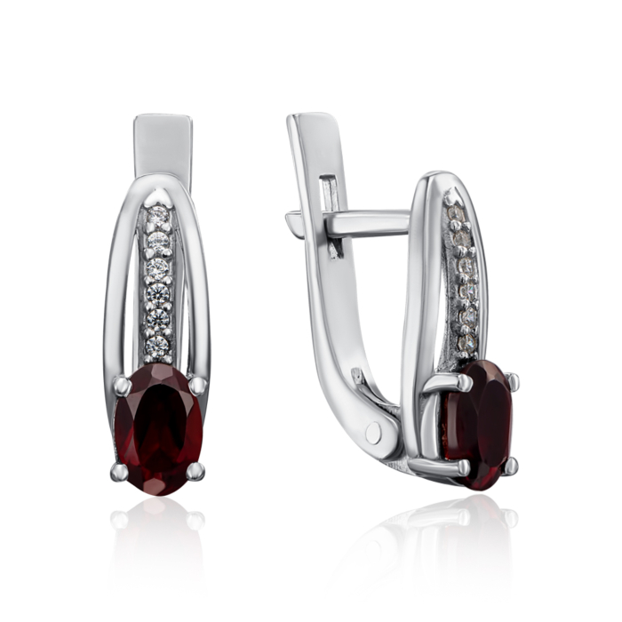 Срібні сережки з гранатом і фіанітами. Артикул 2835/9р-GAR