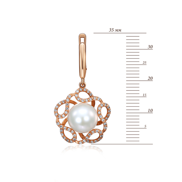 Золоті сережки-підвіски з перлами і фіанітами. Артикул 2895/01/0/909