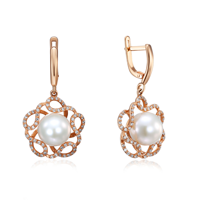 Золоті сережки-підвіски з перлами і фіанітами. Артикул 2895/01/0/909