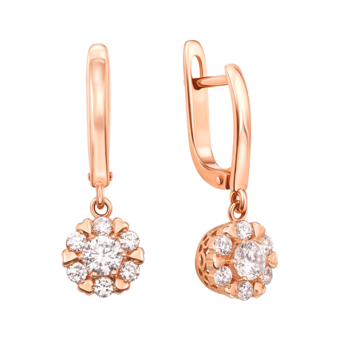 Золоті сережки-підвіски з фіанітами. Артикул 2940