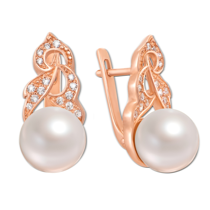 Золоті сережки з перлиною та фіанітами. Артикул 2975 к