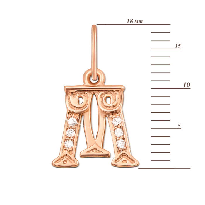 Золота підвіска «Літера М» з фіанітами. Артикул 31185/м