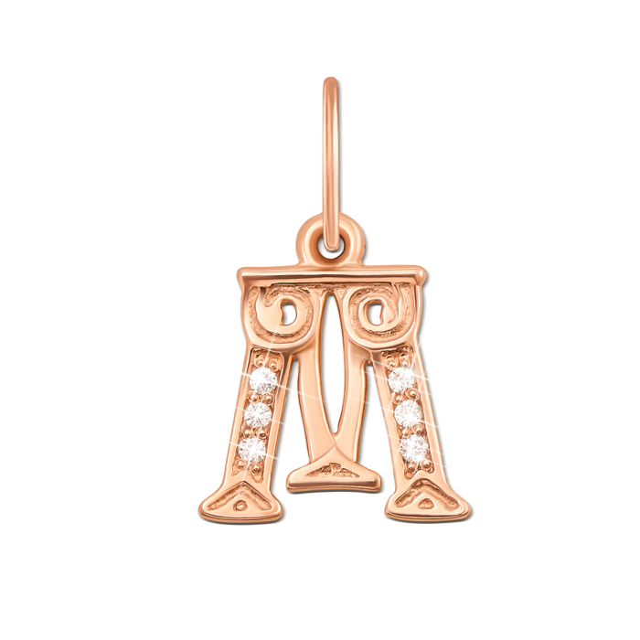 Золота підвіска «Літера М» з фіанітами. Артикул 31185/м