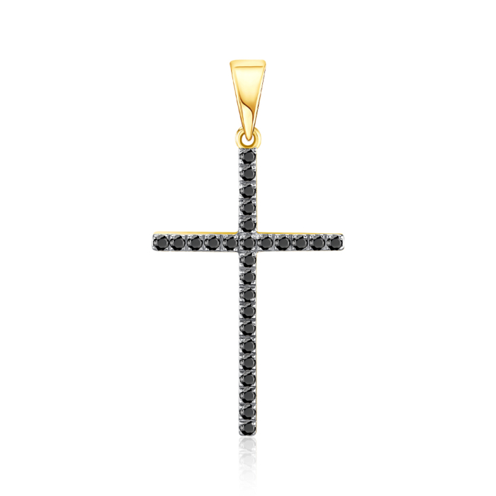Двухсторонній хрестик з жовтого золота з чорними та білими фіанітами 31372/03/1/146