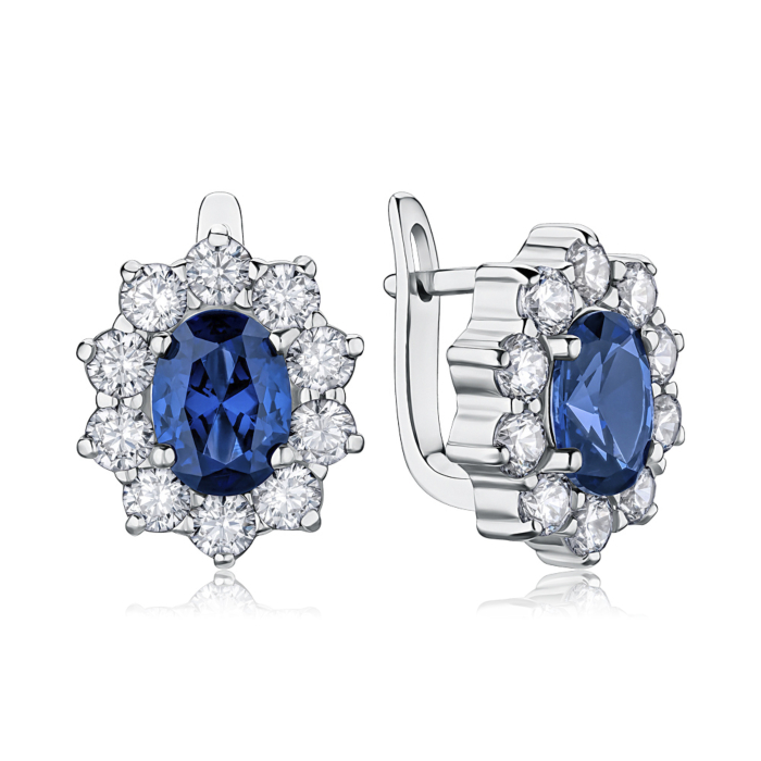 Срібні сережки з сапфіром та фіанітами. Артикул 40022/12/1/1008