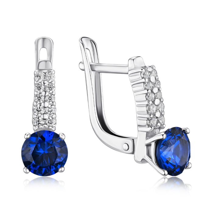 Срібні сережки з штучним сапфіром та фіанітами 40064/12/1/1001