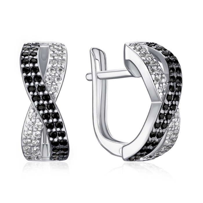 Серебряные серьги с черными и белыми фианитами 40082/12/1/7