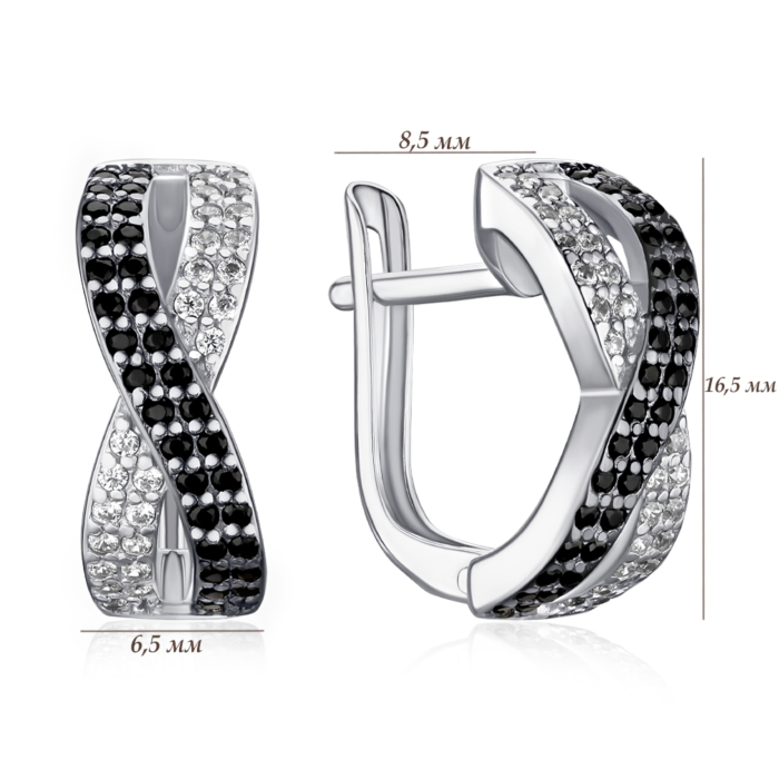 Серебряные серьги с черными и белыми фианитами 40082/12/1/7