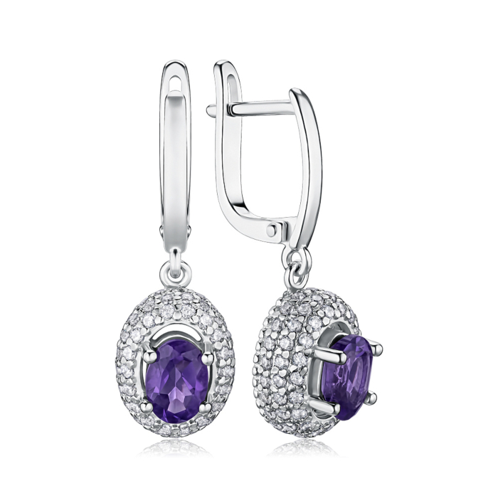 Срібні сережки з аметистом та фіанітами. Артикул 40096/12/1/5441