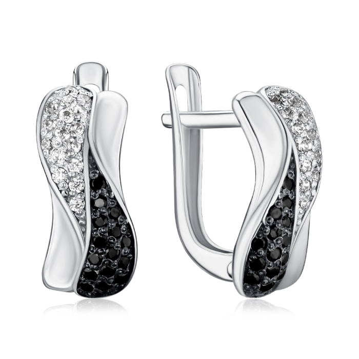 Серебряные серьги с черными и белыми фианитами с40229/ч