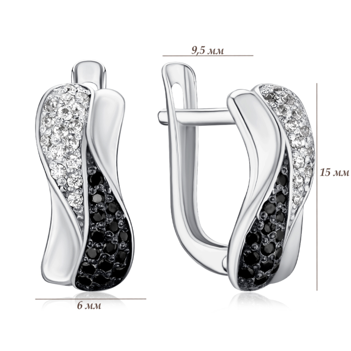 Серебряные серьги с черными и белыми фианитами с40229/ч