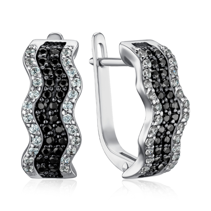 Срібні сережки з білими та чорними фіанітами с40279/ч