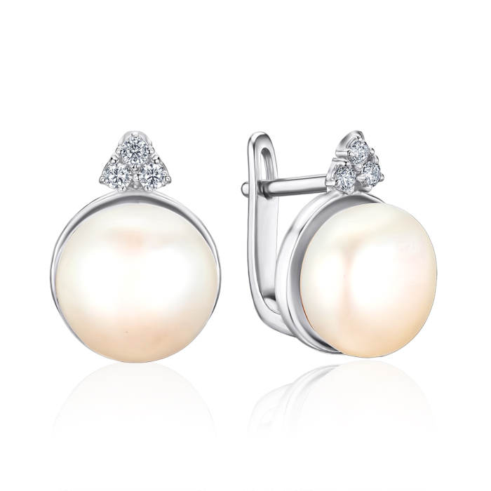 Серебряные серьги с жемчугом и фианитами. Артикул с40333