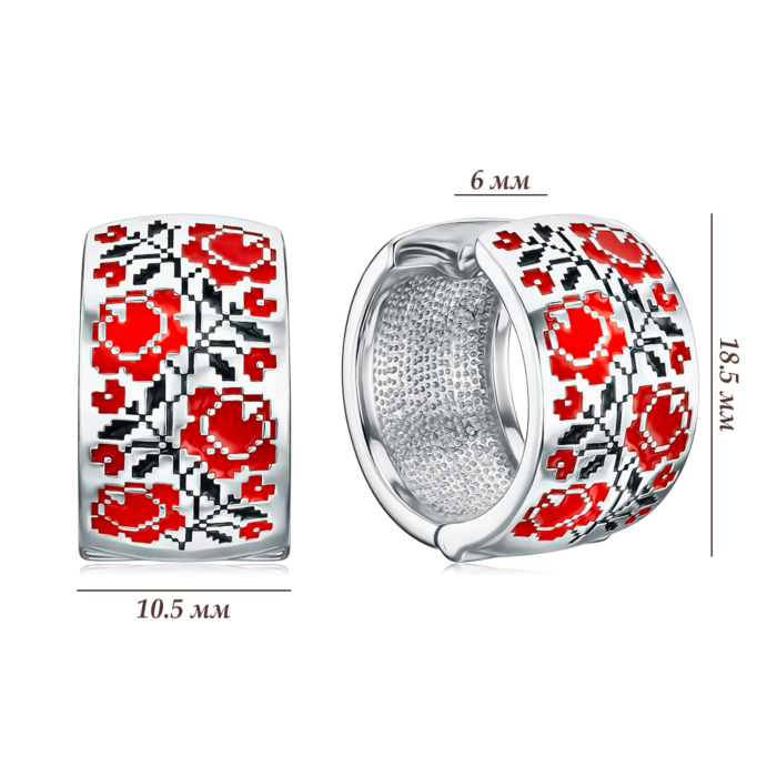 Серебряные серьги-конго с красной и черной эмалью 40403/12/1/355