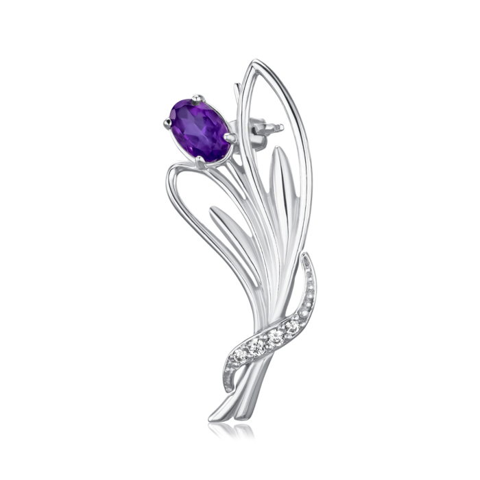 Серебряная брошь-булавка с аметистом и фианитами 4047/12/1/16232