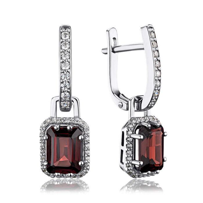 Срібні сережки з гранатом та фіанітами 40514/12/1/16161