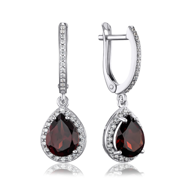 Срібні сережки з гранатом та фіанітами 40563/12/1/7575