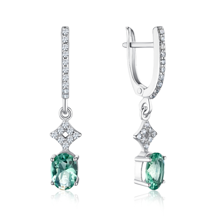 Срібні сережки з зеленим кварцем та фіанітами. Артикул 40567/12/1/21290