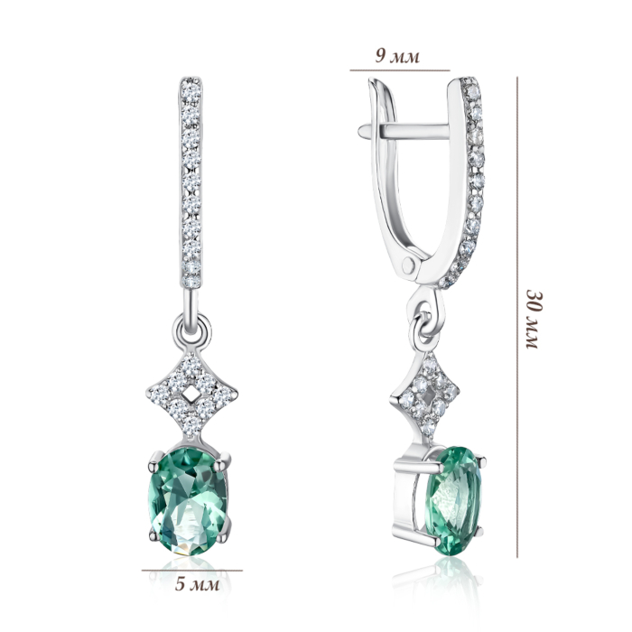 Срібні сережки з зеленим кварцем та фіанітами. Артикул 40567/12/1/21290