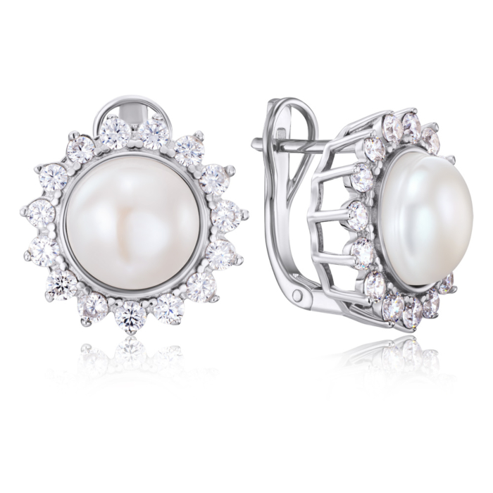 Срібні сережки з перлиною та фіанітами. Артикул 40819/12/1/3836