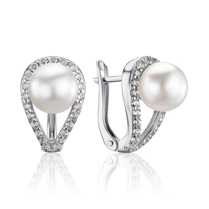 Серебряные серьги с жемчугом и фианитами. Артикул 40842/12/1/21385
