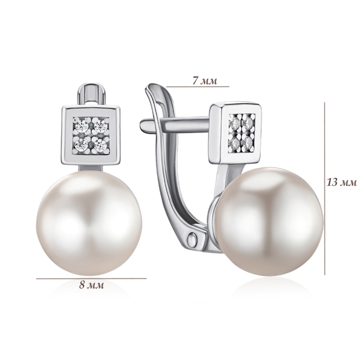 Срібні сережки з перлиною та фіанітами 40875/12/1/21394