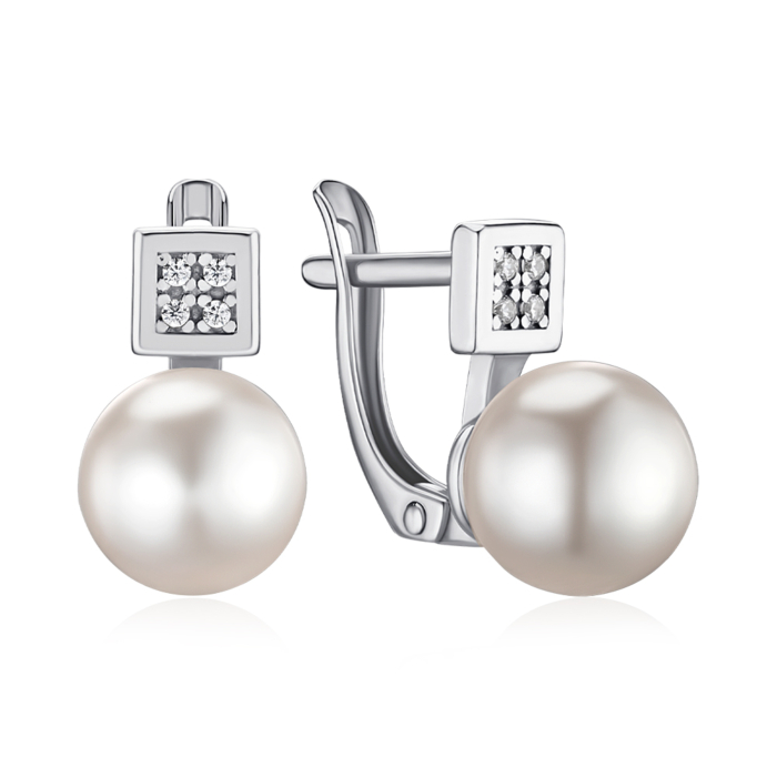 Срібні сережки з перлиною та фіанітами 40875/12/1/21394
