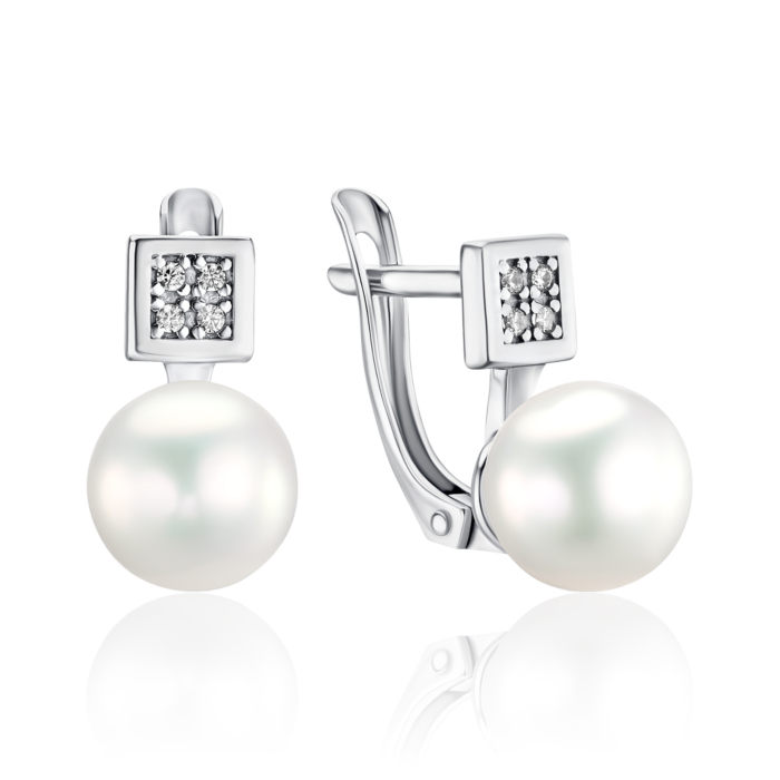 Серебряные серьги с жемчугом и фианитами. Артикул 40875/12/1/3832
