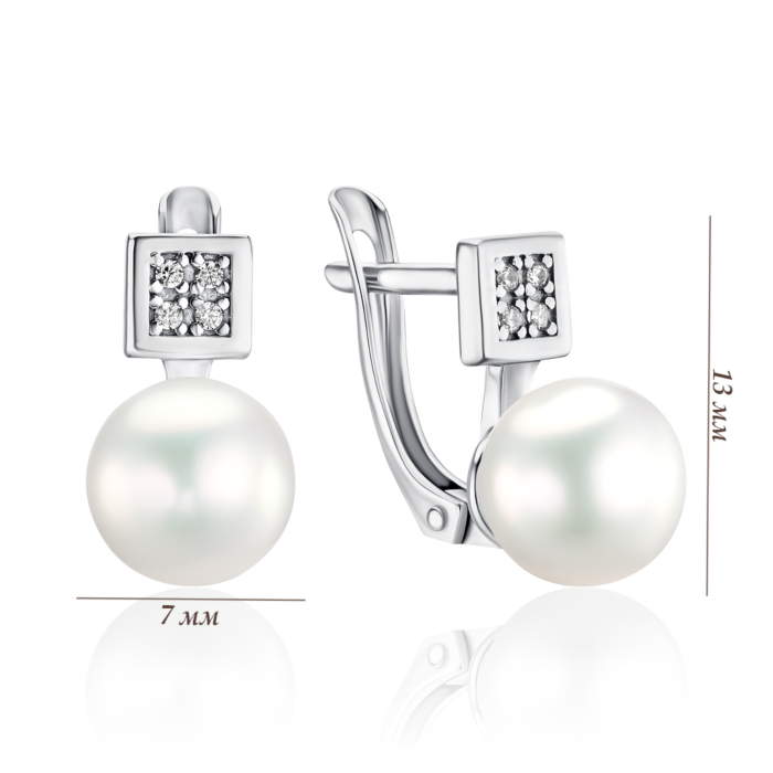Серебряные серьги с жемчугом и фианитами. Артикул 40875/12/1/3832