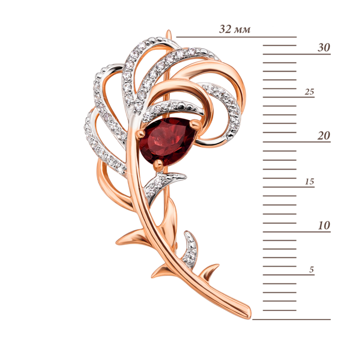 Золота брошка з гранатом і фіанітами. Артикул 4095/гр